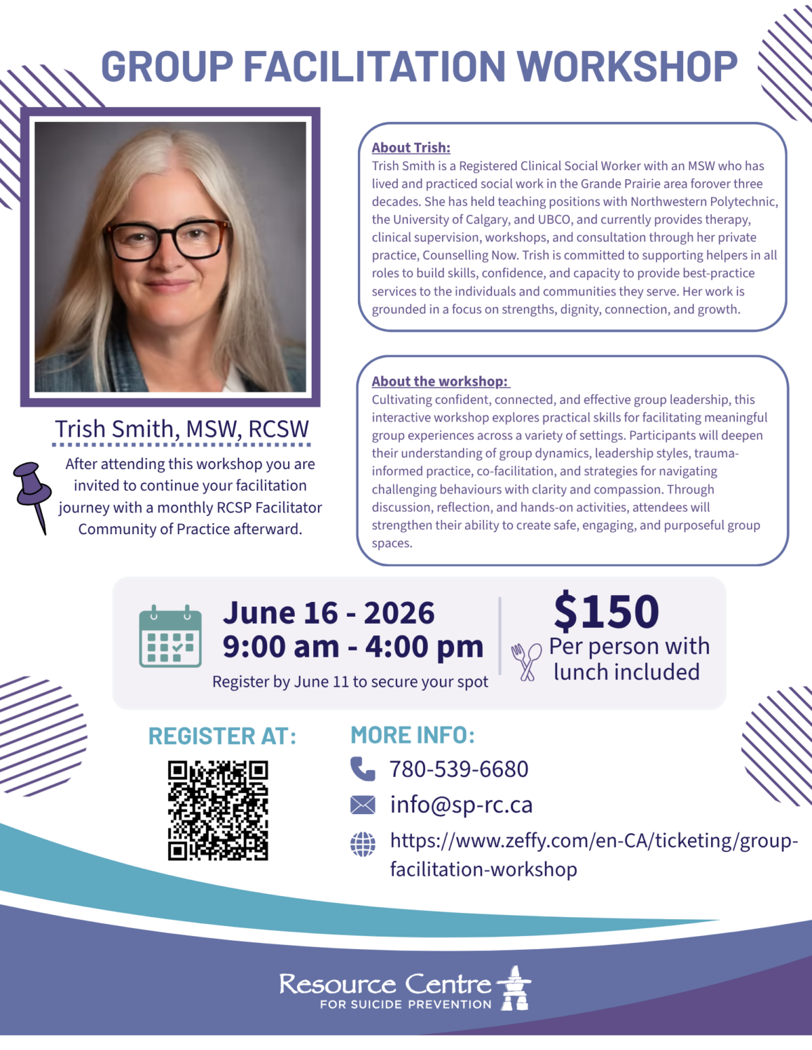 A poster showing the date, time, cost  and description of the Group Facilitation Workshop being held June 16, 2026 from 9am to 4pm. $150/ person including lunch.